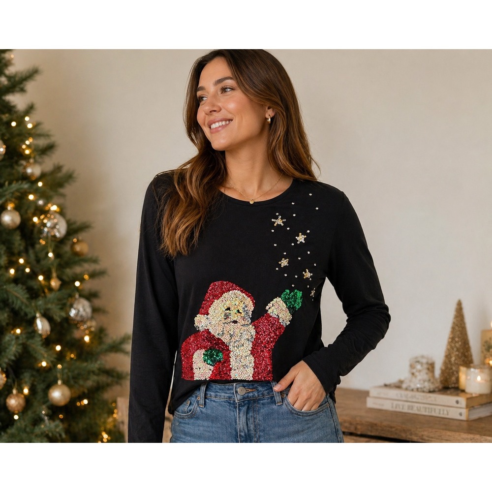 Heirloom Collectibles Vintage 2004 Sequin Santa Christmas Sweater Black XL